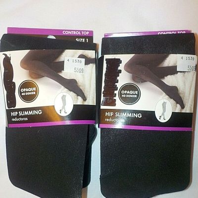 New 2 Pair BLACK OPAQUE HIP SLIMMING TIGHTS SIZE 1 (90-135 POUNDS)
